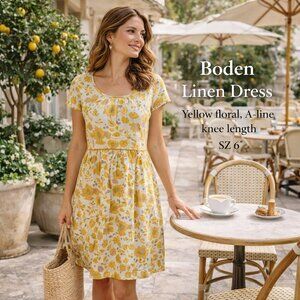 Boden Linen Dress Yellow Floral A Line Knee Length Summer Cottagecore Cap Sleeve